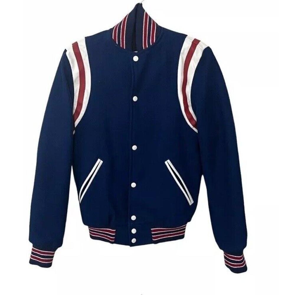 Navy Blue Varsity Jacket with Red and White Accents